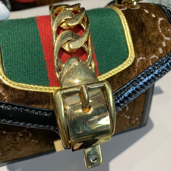 N16 Slightly Used Gucci Sylvie Brown velvet small shoulder straps Bag - Picture 15 of 15